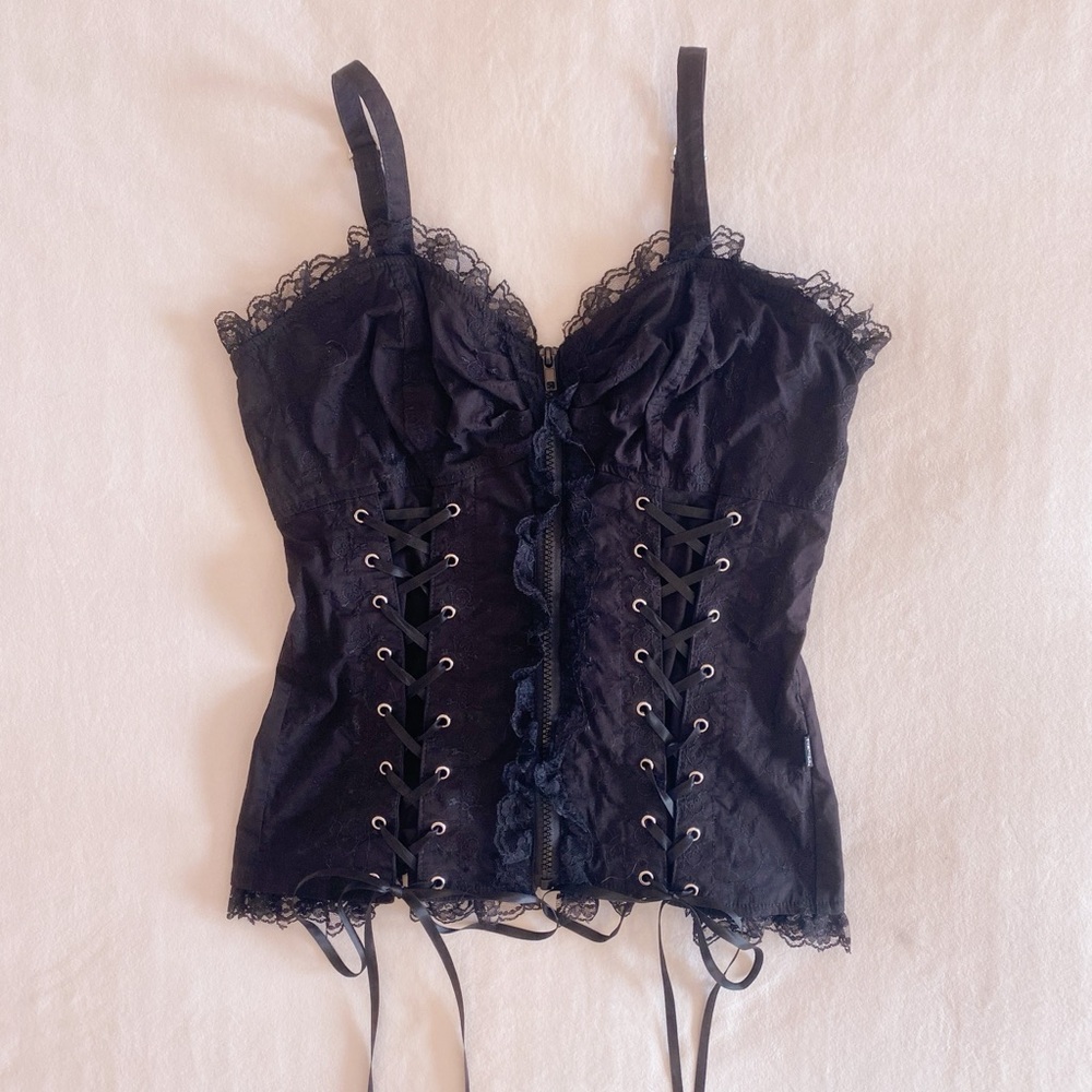 Tripp NYC Black Skull Lace Embroidered Corset Top